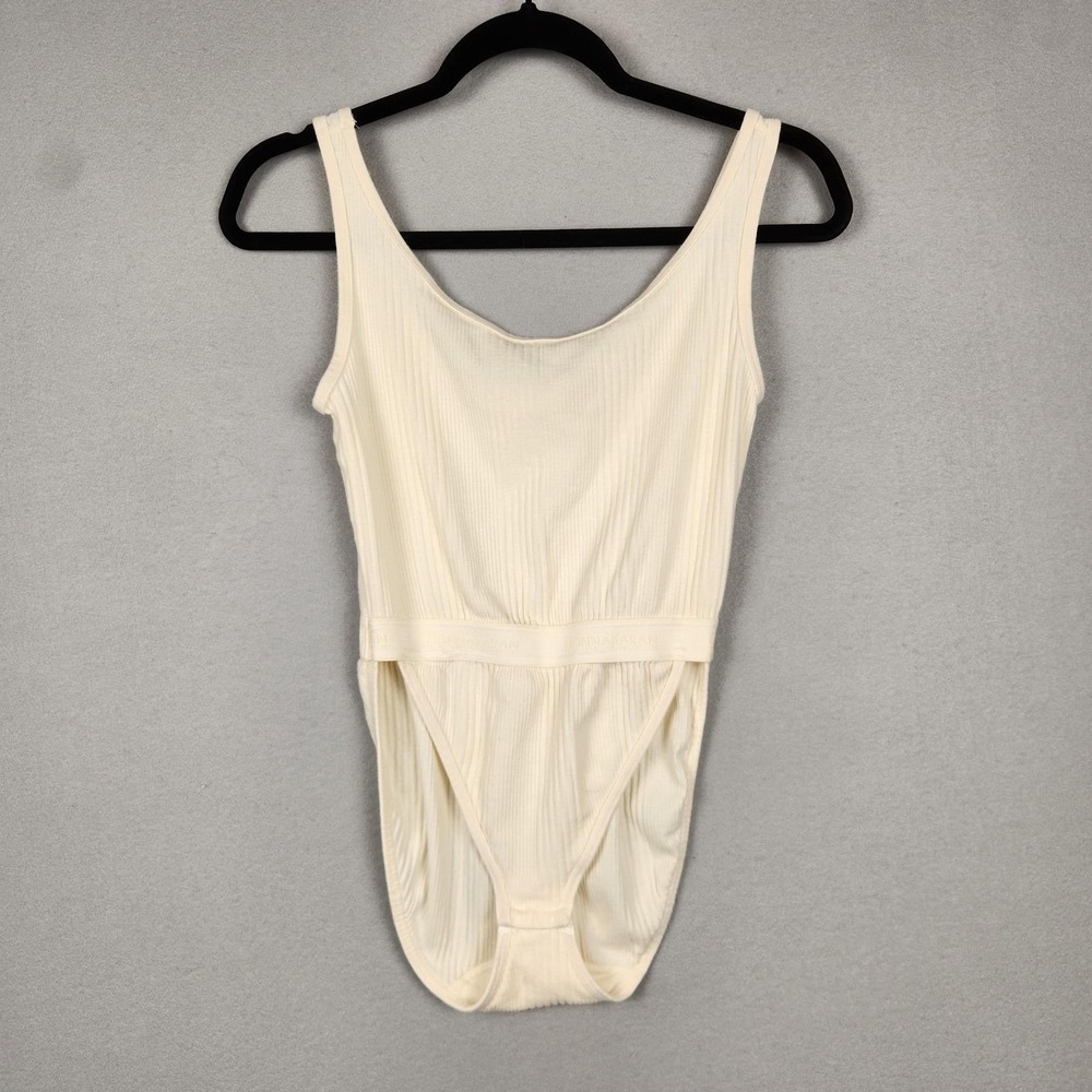 Donna Karan Intimates Bodysuit Womens Medium Ivory Ribbed Thong Snap‎ Made USA